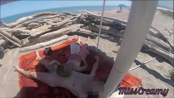 Voyeur watching us while my hot teacher masturbating and cumshot cock in nudist beach public – Risky Public Sex – Caught Handjob by stranger P1 – MissCreamy