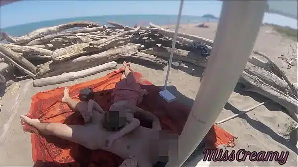 Voyeur watching us while my hot teacher masturbating and cumshot cock in nudist beach public – Risky Public Sex – Caught Handjob by stranger P2 – MissCreamy